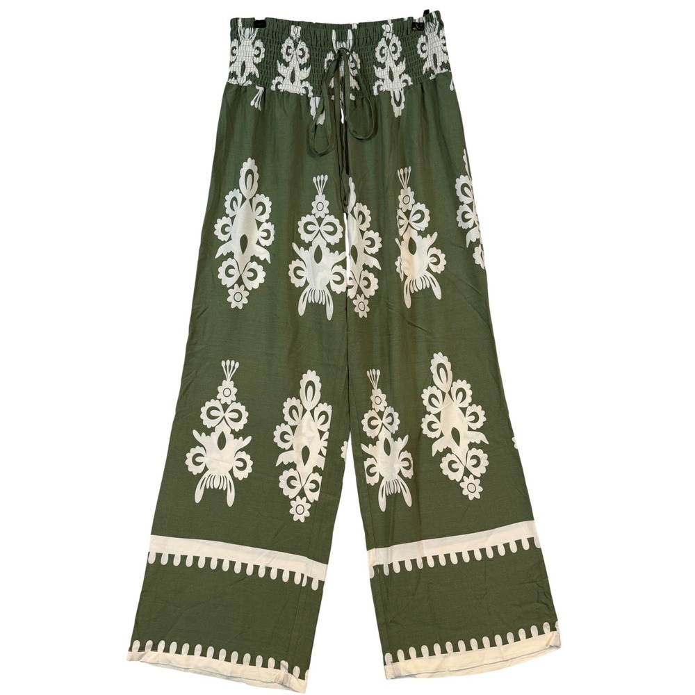Olive Green White Damask Print Wide Leg Palazzo Pants Smocked Waist •L• Boho